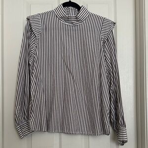 Everlane Black & White Striped Mock-Neck Blouse